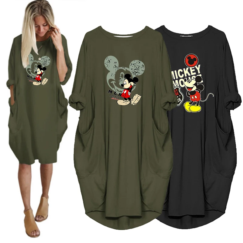 Top Trends: 2022 Ladies Casual Disney Mickey Mouse Midi Dress Cartoon Print Pocket Vintage Vestido Loose Dress Spring Fall Party Robe Women Shoppable Styles