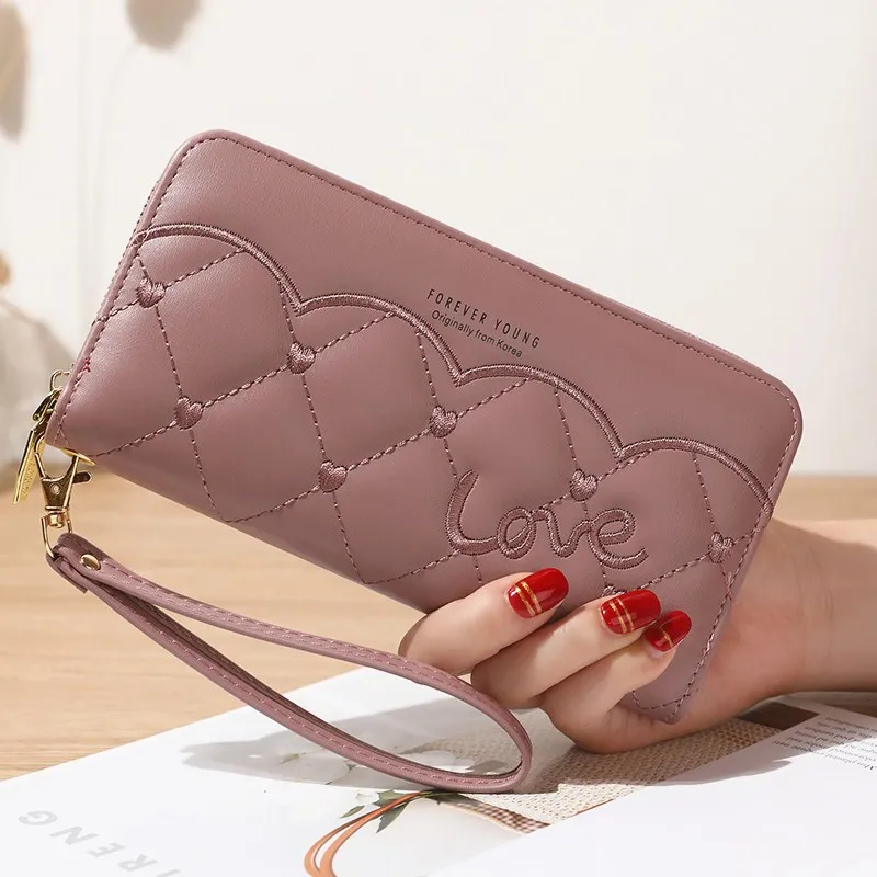 Top Trends: New Women's Pu Leather Wallets Credit Card Holder Long Zipper Clutch Female Coin Purses Heart Embroidery Money Bag Dropshipping Shoppable Styles