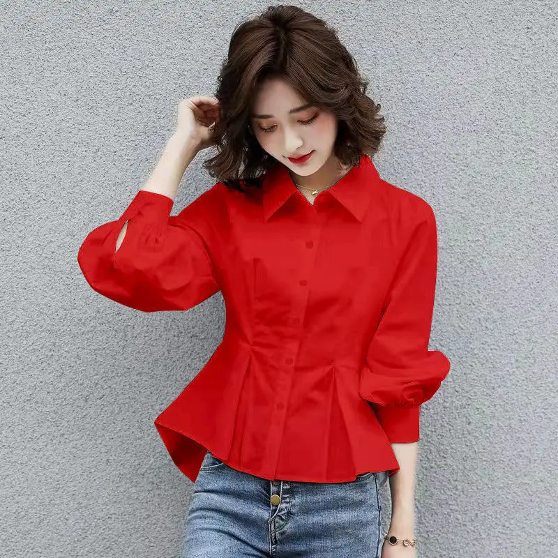 Top Trends: Stylish Lapel Button Spliced All-match Folds Lantern Sleeve Shirt Women&#039;s Clothing 2022 Autumn New Casual Tops Loose Chic Blouse Shoppable Styles