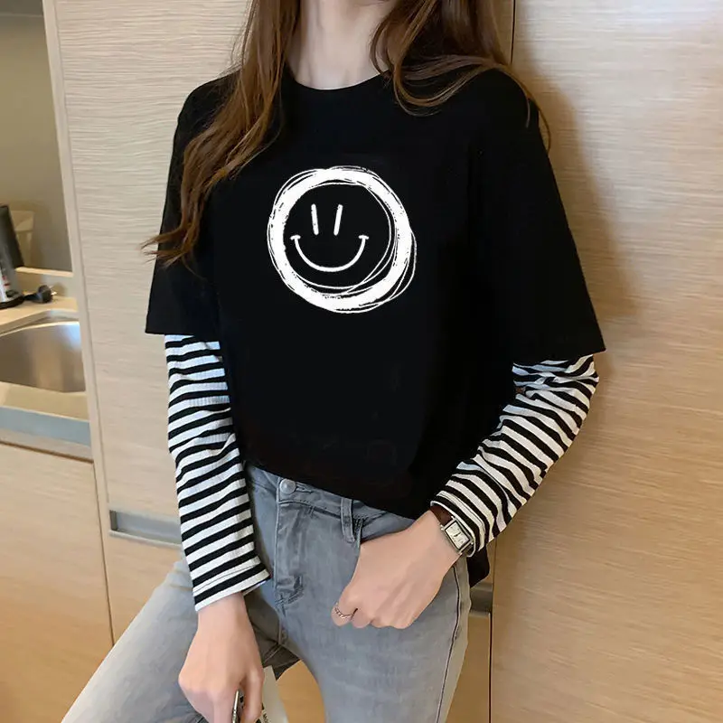 Top Trends: Fashion Fake Two Pieces Spliced Striped T-Shirt Female Clothing 2023 Autumn New Casual Pullovers Korean Loose Printed Tee Shirt Shoppable Styles