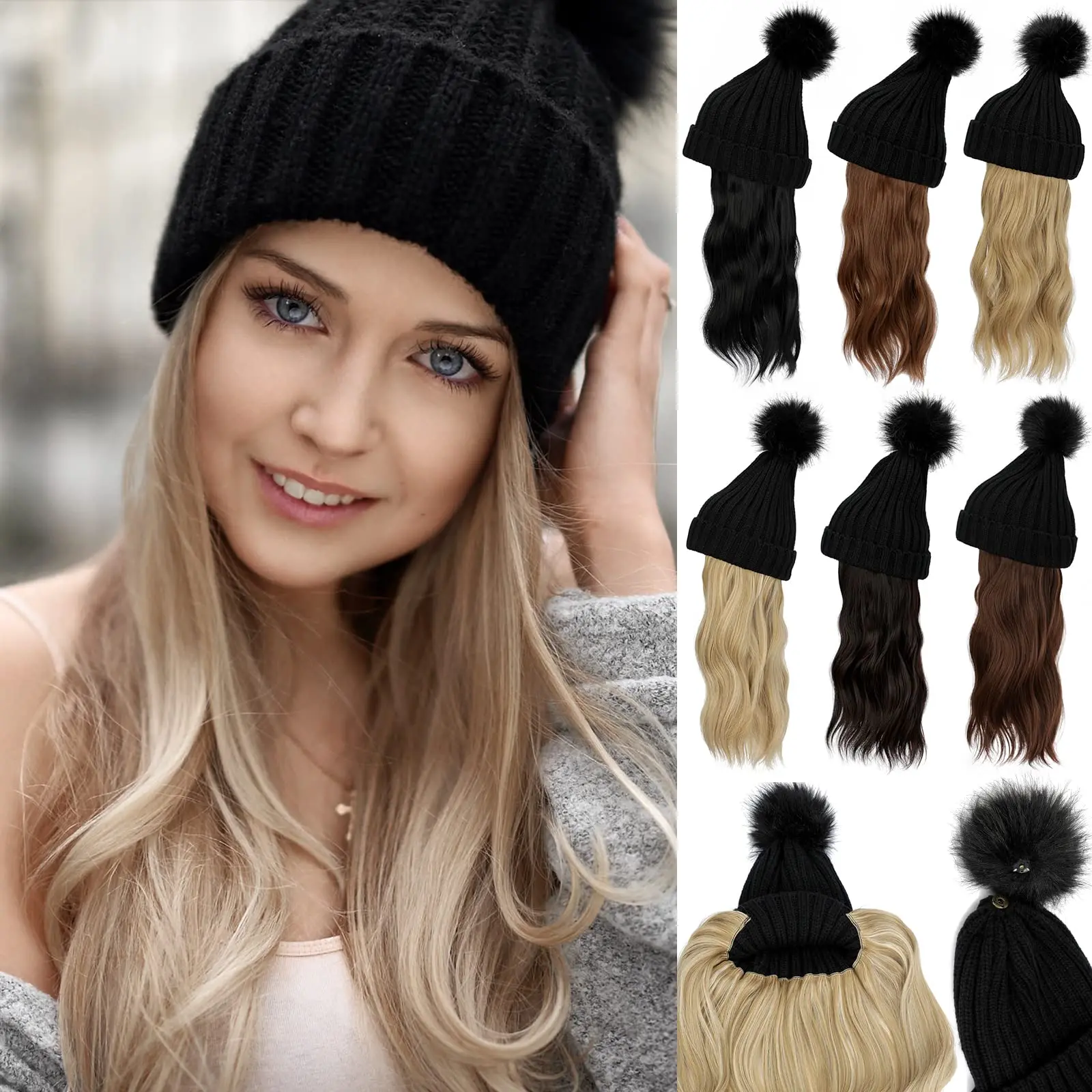 Top Trends: Shangzi Women Beanie Hat With Hair Synthetic Hairpiece Attached Warm Knitted Pom Cap14inch Long Wavy Curly Hair Extensions Shoppable Styles