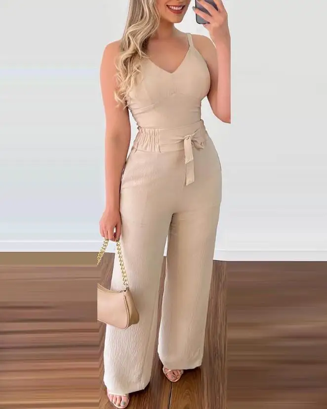 Top Trends: Two Piece Sets Women Outifits 2023 Spring Fashion Shirred V-Neck Sleeveless Cami Top &amp; Casual High Waist Pocket Design Pants Set Shoppable Styles