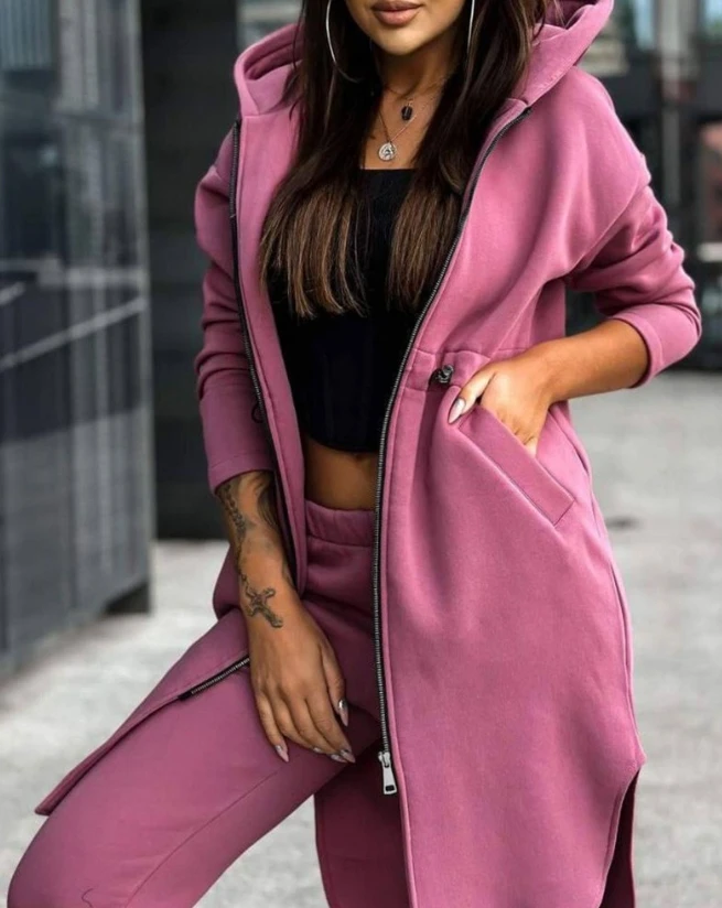 Top Trends: Women&#039;s Sweatpants Sets 2023 New Autumn / winter Fashion Zipper Design Longline Hooded Coat &amp; Casual Cuffed Pants Two Piece Suit Shoppable Styles