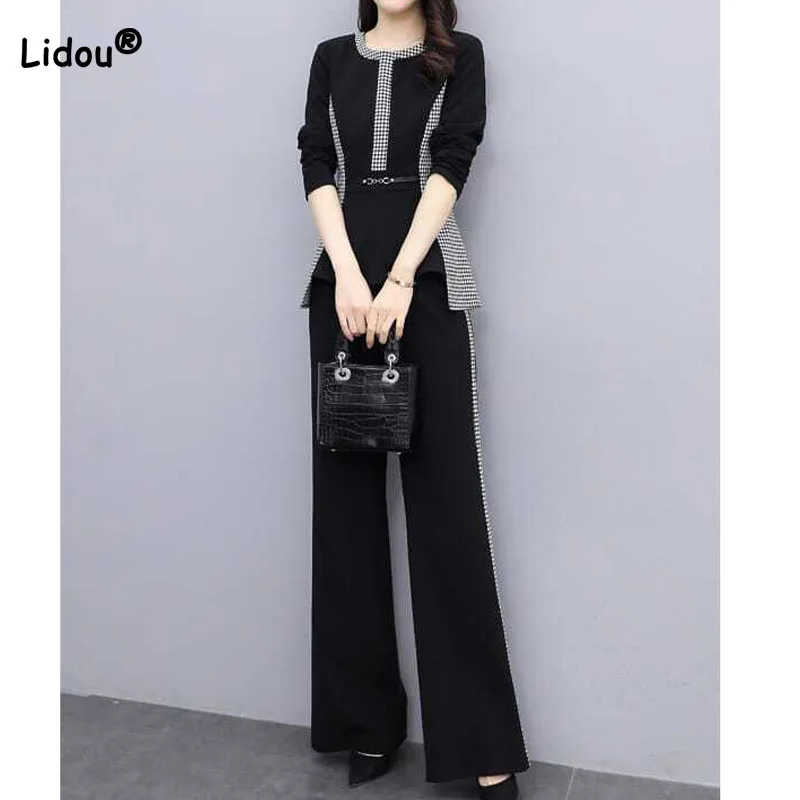 Top Trends: Female Elegant Slim Long Sleeve Spliced Tops Two Piece Sets Autumn Women&#039;s Clothing Fashion Casual High Waist Wide Leg Pants Shoppable Styles