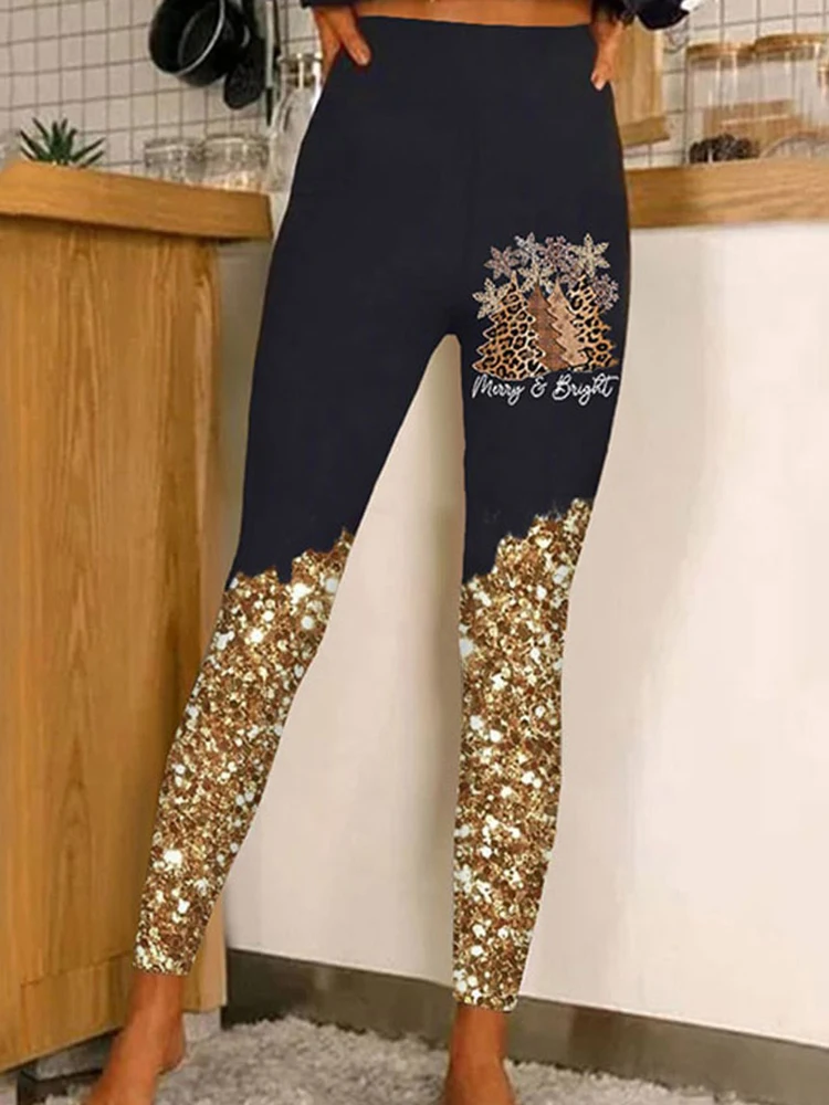 Top Trends: 2022 New Fashion Christmas Glitter Leggings Merry And Bright Leopard Tree Snowflake Leggings Workout Ankle Length Pants Black Shoppable Styles