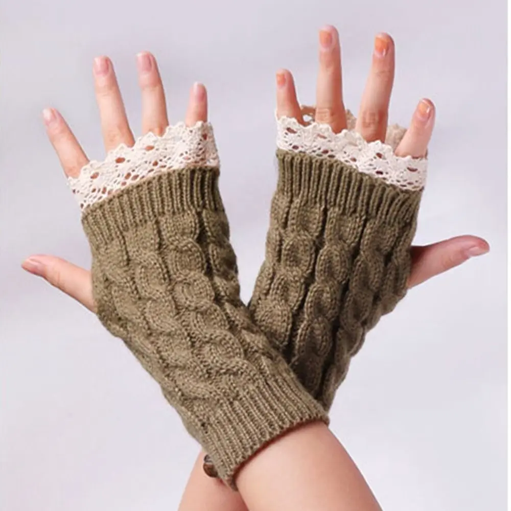 Top Trends: Lace Stitching Half Finger Gloves Winter Warm Knitted Wool Fingerless Gloves For Women Short Wrist Warmer Shoppable Styles