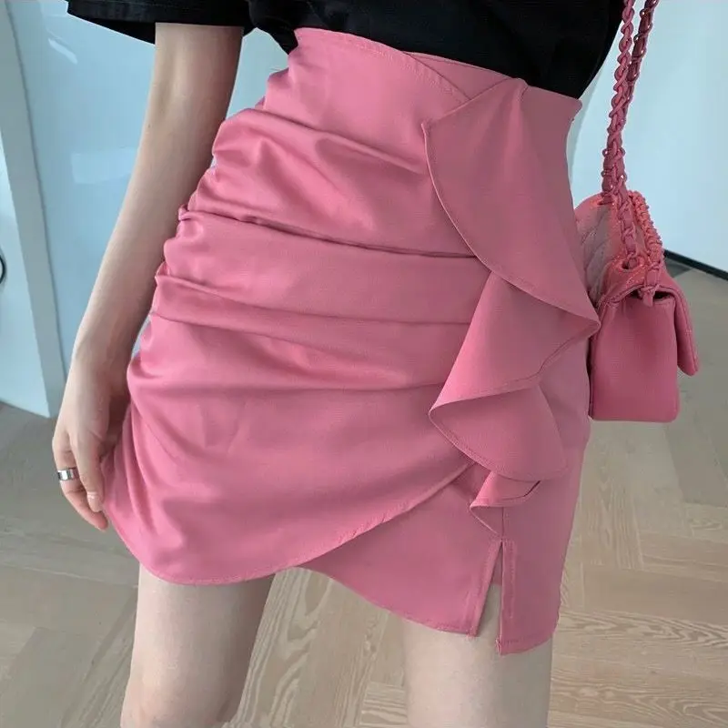 Top Trends: Korean Fashion Ruffles Asymmetrical Folds Splic Mini Skirts 2023 Summer New Elegant Office Lady Commute All-match Bag Hip Skirt Shoppable Styles