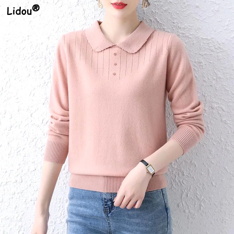 Top Trends: T-Shirts Trend Solid Turn-down Collar Screw Thread Patchwork Button Autumn Winter Thin Office Lady Women's Clothing 2022 Loose Shoppable Styles