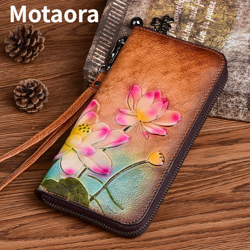 Top Trends: MOTAORA Vintage Long Wallets For Women Genuine Leather Phone Bags Lotus Floral Pattern Embossing Hand-painted Wallet Woman Purse Shoppable Styles