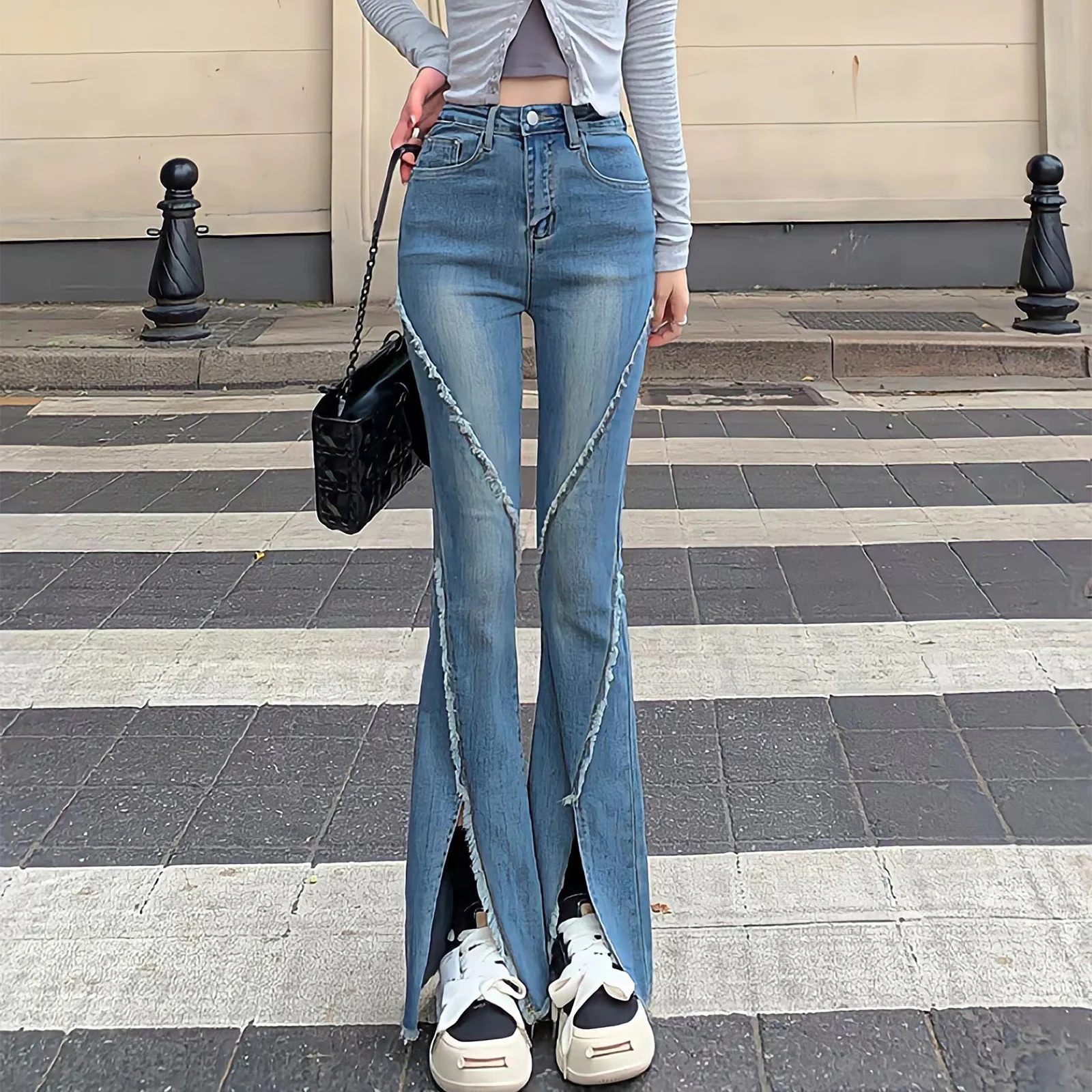 Top Trends: Korean Dongdaemun 2023 Y2k Slit Raw Edge Flared High Waist Jeans Womens Elegant Chic Retro High Street Fashion Wide Leg Pants Shoppable Styles