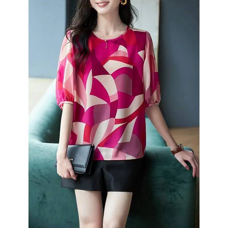 Top Trends: 2023 Summer New Chiffon Printing Loose Tops Shirt Short Sleeve Round Neck Plus Size Blouse Vintage Fashion Women Clothing Shoppable Styles