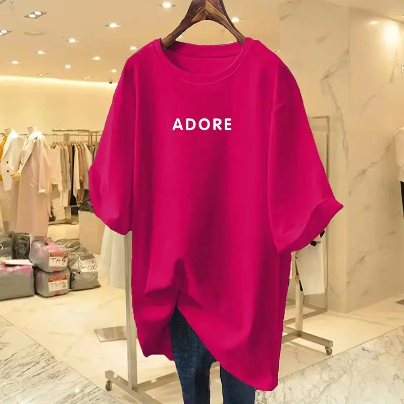 Top Trends: Huolongguo Red T-shirt Women's 2023 Summer New English Letter Medium Long Short Sleeve Cotton Loose Bottoming Lady Casual Shirt Shoppable Styles