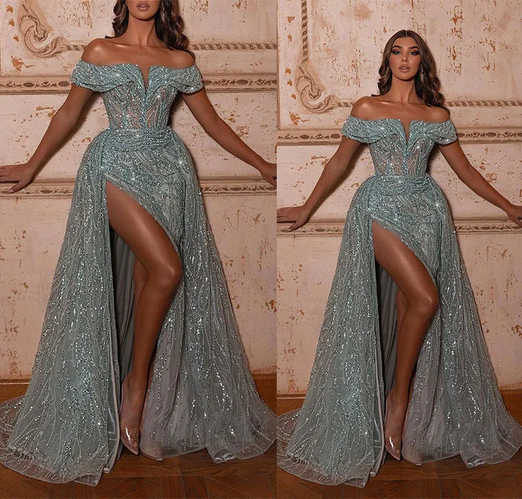 Top Trends: Romantic Haze Blue Off Shoulder Prom Gowns Side Split Evening Dresses Custom Made Sequined Sleeveless Party Dresses Shoppable Styles