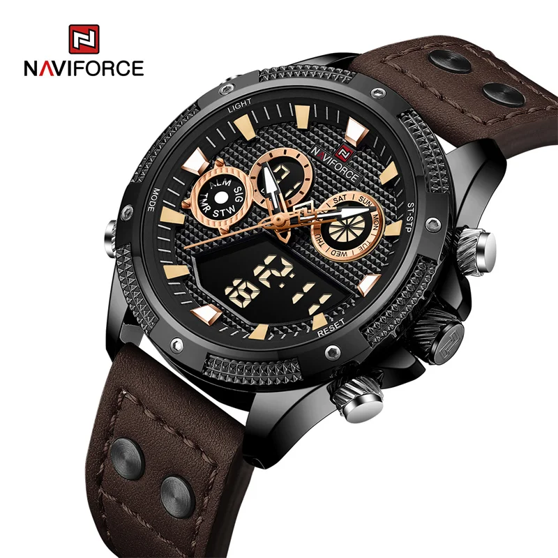 Top Trends: NAVIFORCE Brand Men's Digital Watch Waterproof Chronograph Sports Leather Strap Wristwatch Dual Display Digital Luminous Clock Shoppable Styles