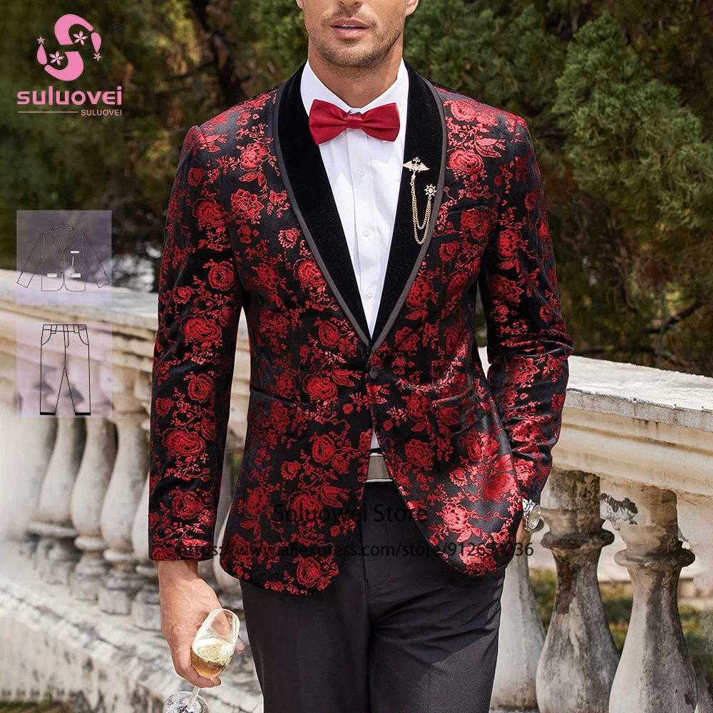 Top Trends: Fashion Floral Jacquard Suits For Men Slim Fit 2 Piece Pants Set Groom Wedding Shawl Lapel One Button Tuxedo Dinner Party Blazer Shoppable Styles