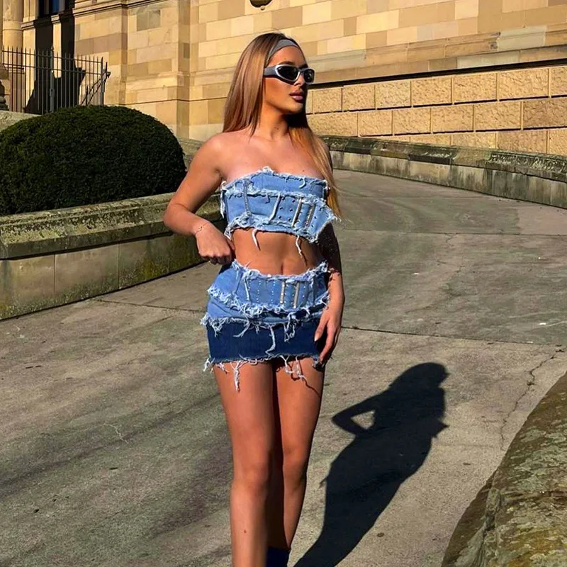 Top Trends: Ripped Denim 2 Piece Skirt Sets Dress 2023 Summer Women Clothes Y2K Streetwear Jean Dress Sexy Crop Tops Two Piece Set Outfit Shoppable Styles - Image 6