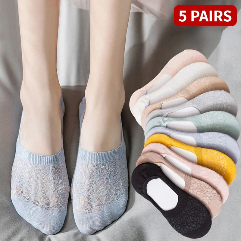 Top Trends: 5pair / Lot Women Invisible Mesh Socks Mujer Non-slip Chaussette Ankle Low Cut Female Cotton Boat Sock No Show Breathable Summer Shoppable Styles