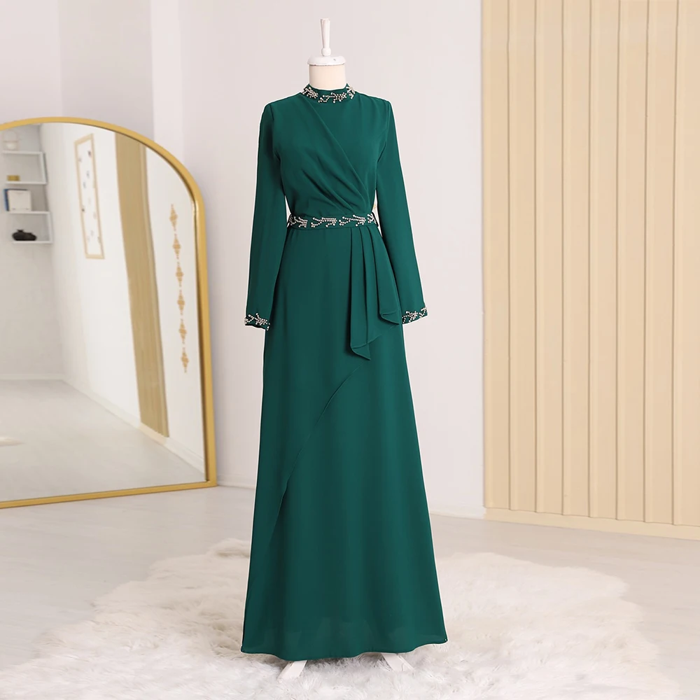 Top Trends: Green Evening Dresses Chiffon Full Sleeves Belt With Beading Prom Gowns High Collar Floor Length A-Line فساتين مناسبة رسمية Shoppable Styles