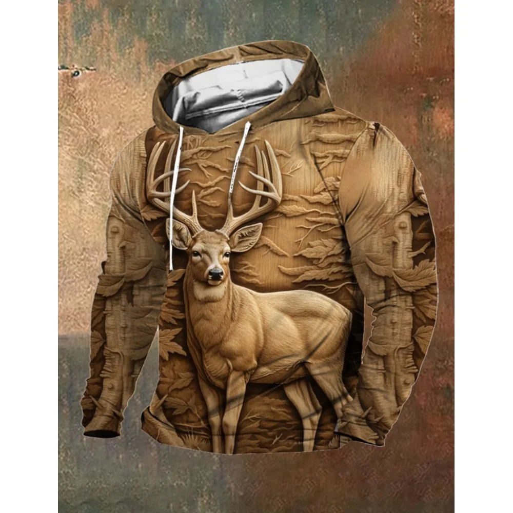 Top Trends: Vintage Men's Hoodie 3D Engraved Deer Print Pullover Oversized Outdoor Hooded Sweatshirt Winter Casual Long Sleeve Male Clothing Shoppable Styles