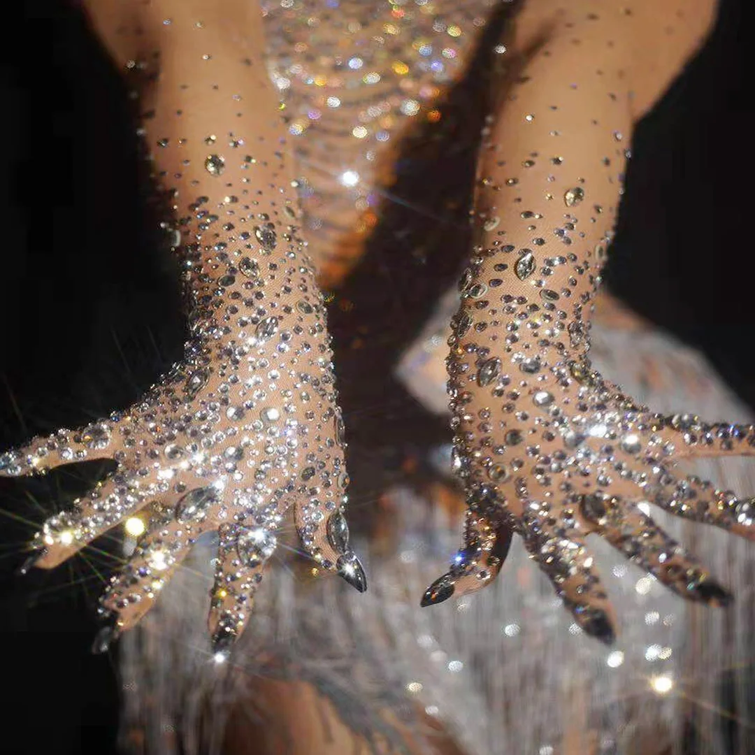 Top Trends: Luxurious Rhinestones Gloves Sparkly Crystal Mesh Party Long Gloves Dancer Singer Nightclub Dance Stage Wear Show Accessories Shoppable Styles