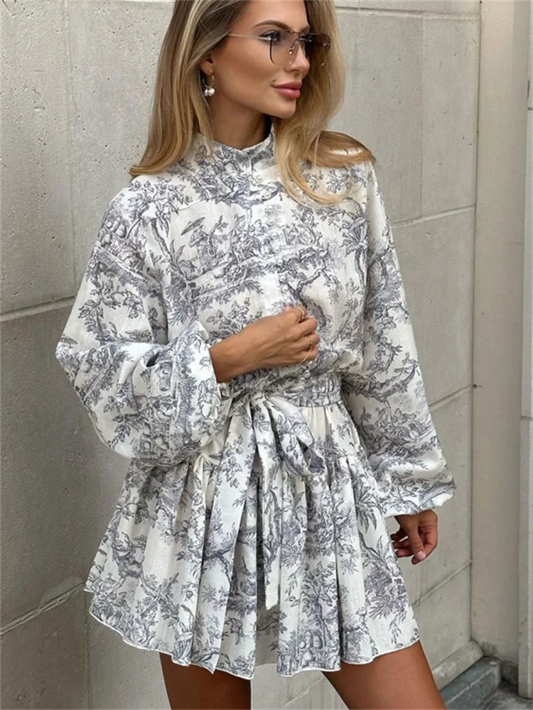 Top Trends: Tossy Vintage Printed Lace-Up Mini Dress For Women Fashion Ruffled Pleated Dress Bandage Long Sleeve High Street Women's Dress Shoppable Styles