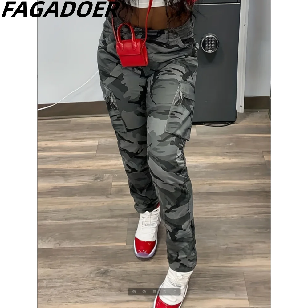 Top Trends: FAGADOER Fashion Camouflage Printing Cargo Pants Women High Waist Pocket Straight Trousers Autumn Casual Sporty Matching Bottoms Shoppable Styles