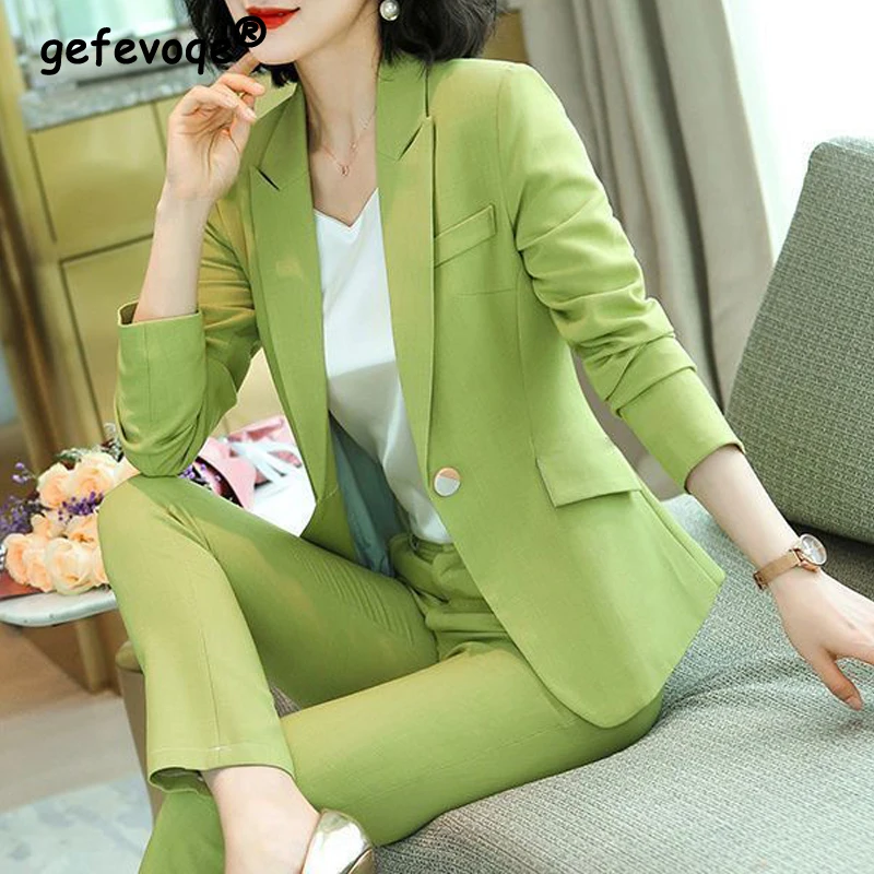 Top Trends: Two Piece Set Women Korean Office Lady Business Casual Blazers Jacket Elegant Long Sleeve Slim Suits High Waist Straight Pants Shoppable Styles