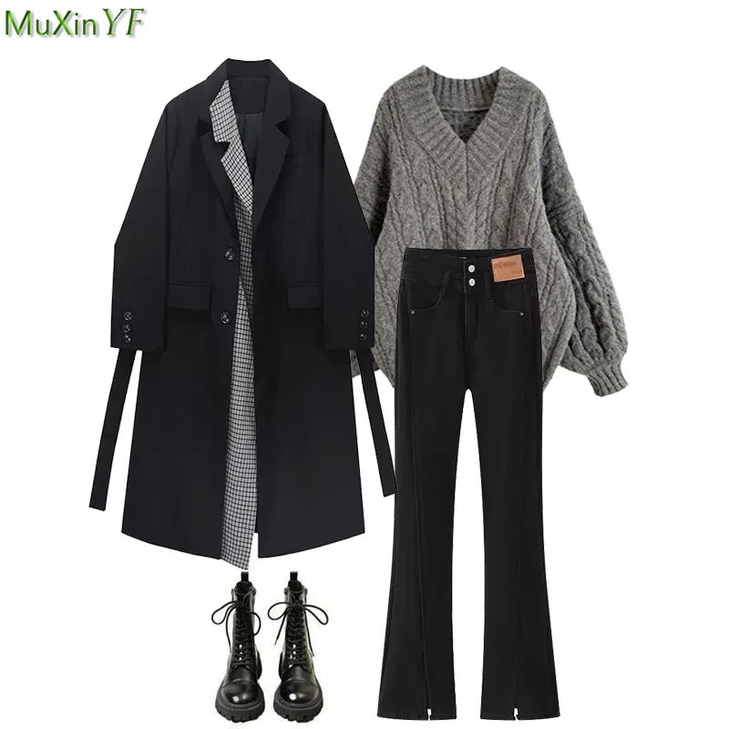 Top Trends: 2023 New Autumn Winter Clothing Women Long Loose Overcoats V-Neck Sweater Pants 1 Or 3 Piece Set Lady Jacket Tops Trousers Suits Shoppable Styles