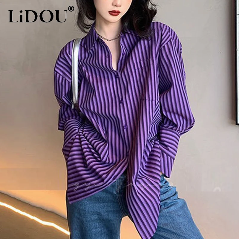 Top Trends: Spring Autumn Polo-neck Striped Printing Elegant Fashion Blouse Female Long Sleeve Harajuku Y2K All-match Loose Shirt Top Women Shoppable Styles