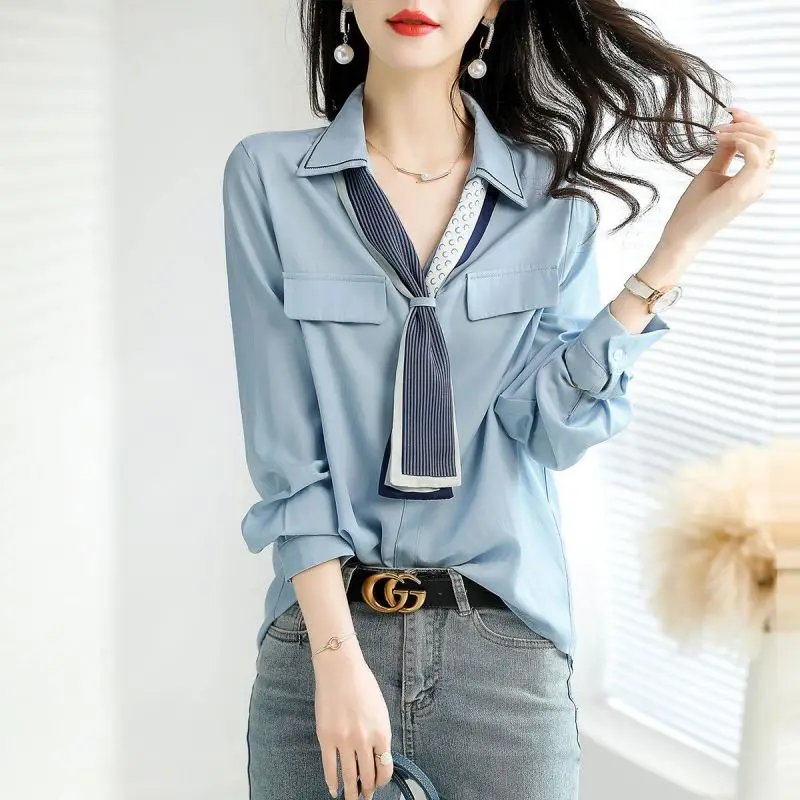 Top Trends: Elegant V-Neck Button Spliced All-match Lace Up Blouse Women&#039;s Clothing 2023 Spring New Casual Pullovers Loose Office Lady Shirt Shoppable Styles