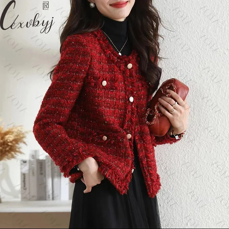 Top Trends: Red Short Tweed Jacket Women Korean Fashion Tassel Round Neck Design Coat All-Match Autumn Single Breasted Button Luxury Outwear Shoppable Styles