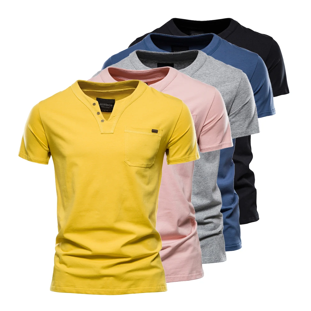 Top Trends: Summer New 100% Cotton Casual T-shirts 2023 Men Clothing Breathable Slim V-Neck Thin Short Sleeve Tops T Shirt Streetwear Shoppable Styles