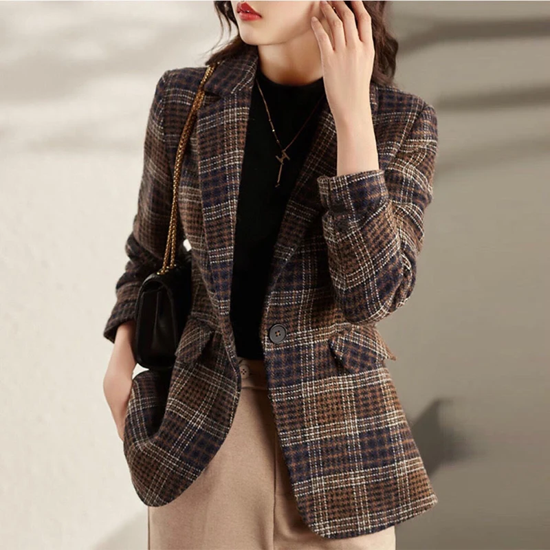 Top Trends: Autumn Winter Women&#039;s Vintage Plaid Printing Casual Fashion Blazers Female Slim All-match Woolen Jacket Ladies Elegant Coat Suit Shoppable Styles