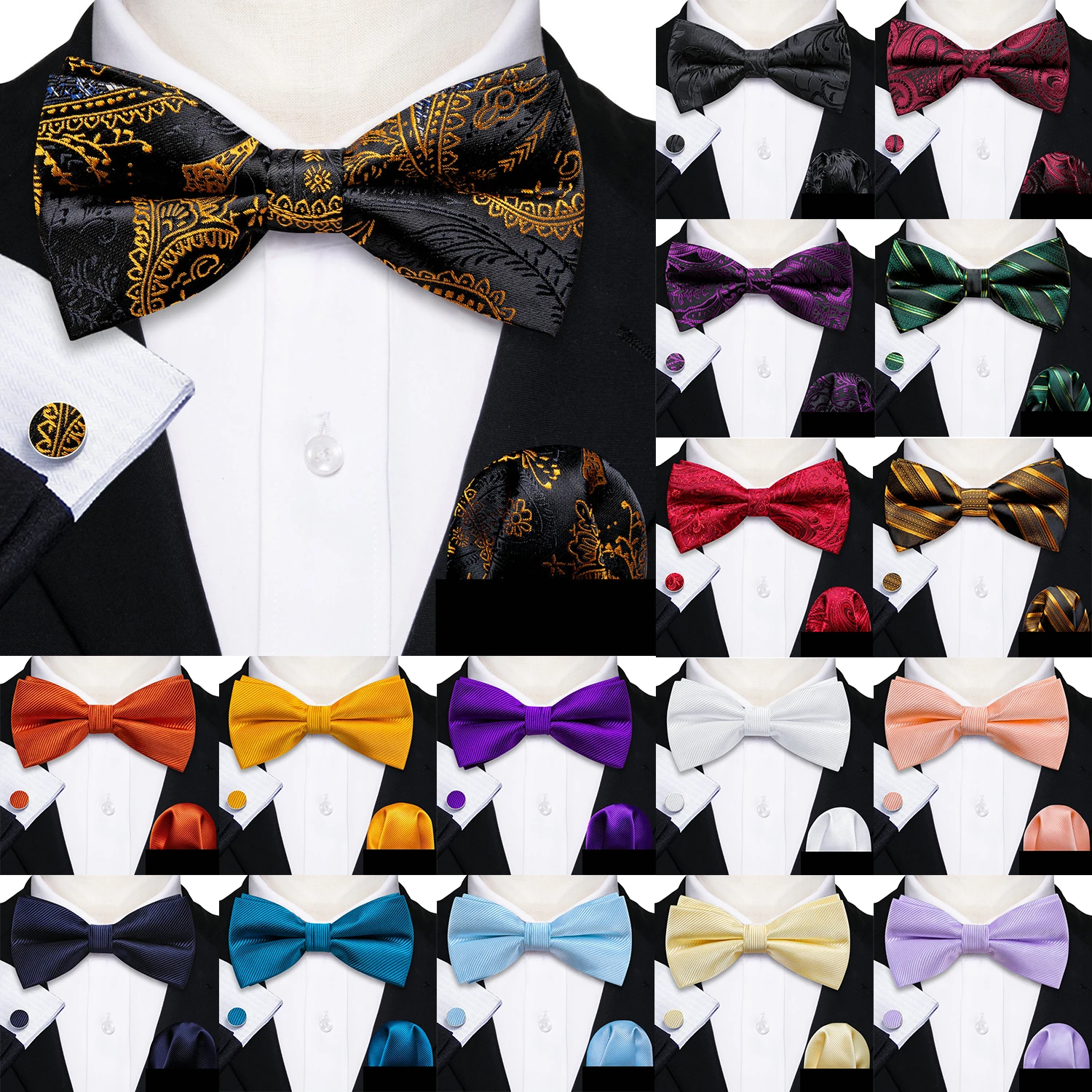 Top Trends: Barry.Wang Silk Mens Bow Tie Black Gold Blue Red Green Jacquard Paisley Floral Pre-Tied Bowtie Hanky Cuffs Set Wedding Business Shoppable Styles