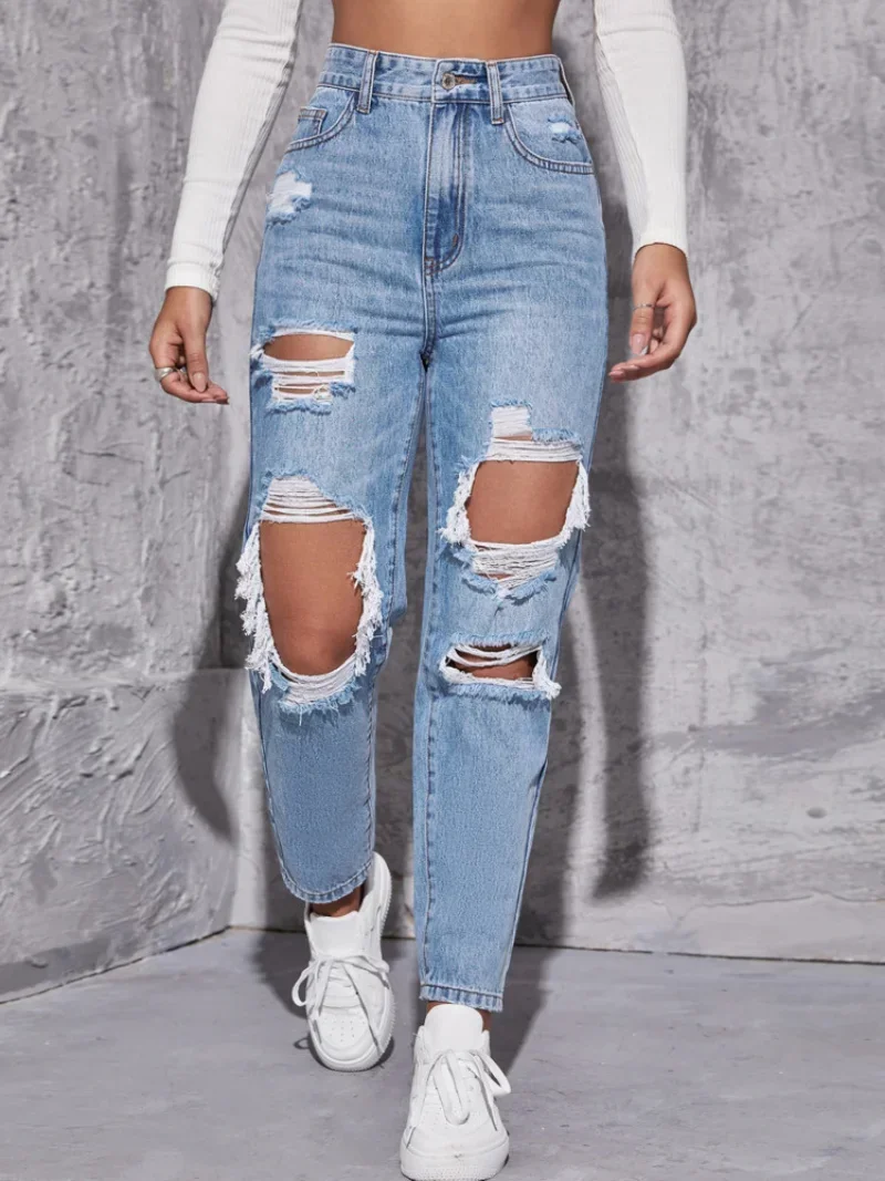 Top Trends: Denimcolab Fashion Hole Washing High Waist Jeans Woman Cotton Denim Straight Pants Ladies High Street Ripped Jeans Trousers Shoppable Styles