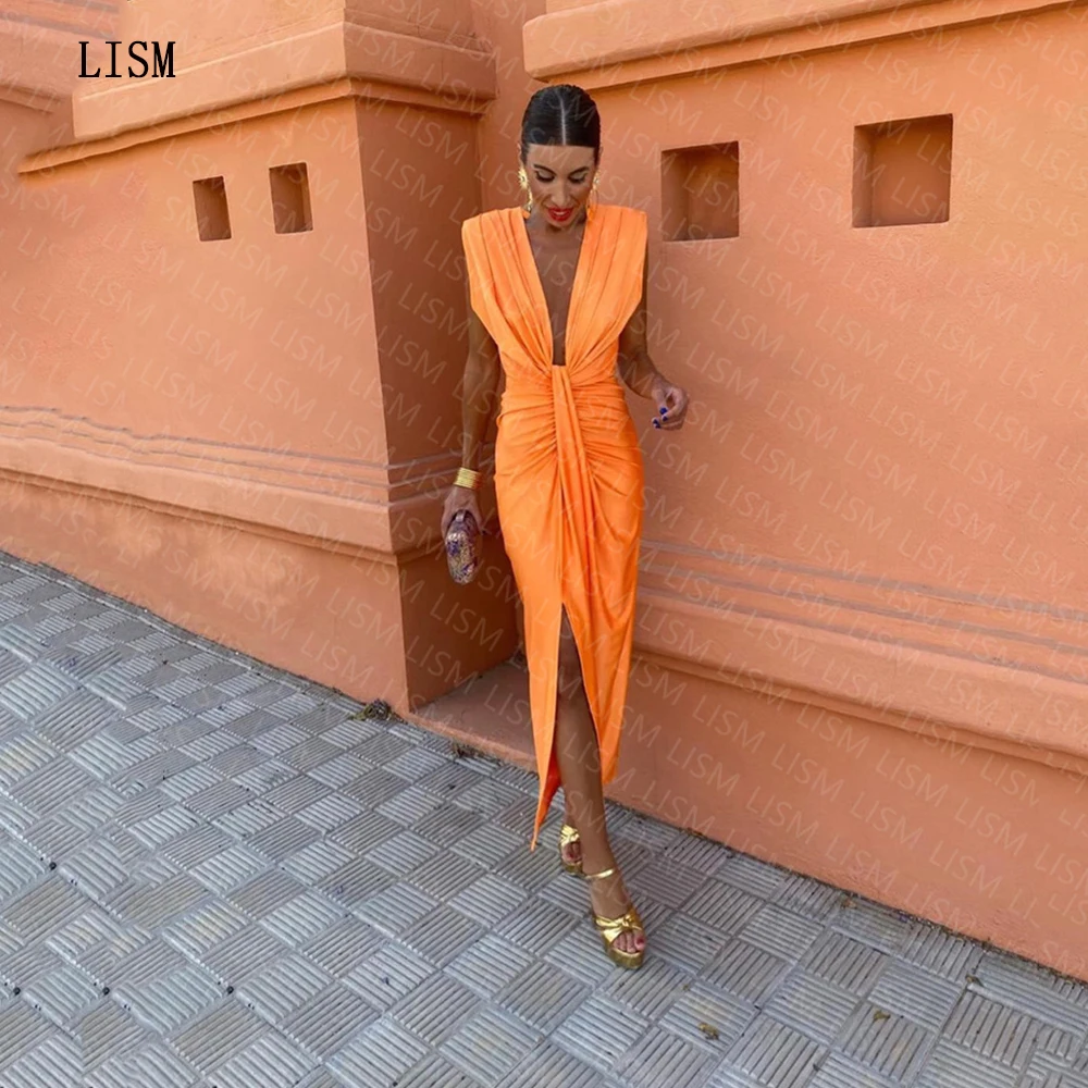 Top Trends: LISM Orange Simple Deep V-neck Front Slit Sleeveless Satin Ankle Length Pleated Formal Evening Party Dresses Beach Prom Gowns Shoppable Styles