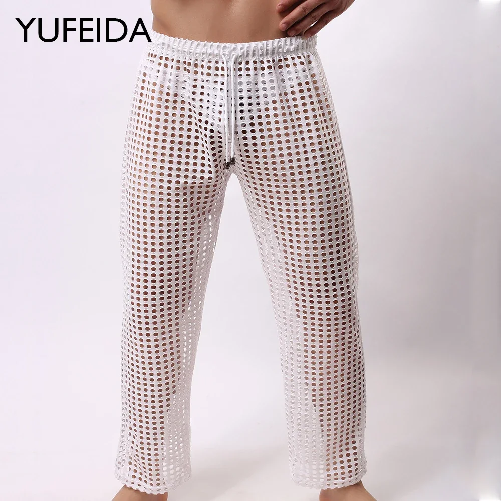 Top Trends: YUFEIDA Mens Pajamas Sexy Mesh See Through Long Pants Sleepwear Fishnet Hollow Out Fitness Trousers Sleep Bottoms Sexy Underwear Shoppable Styles