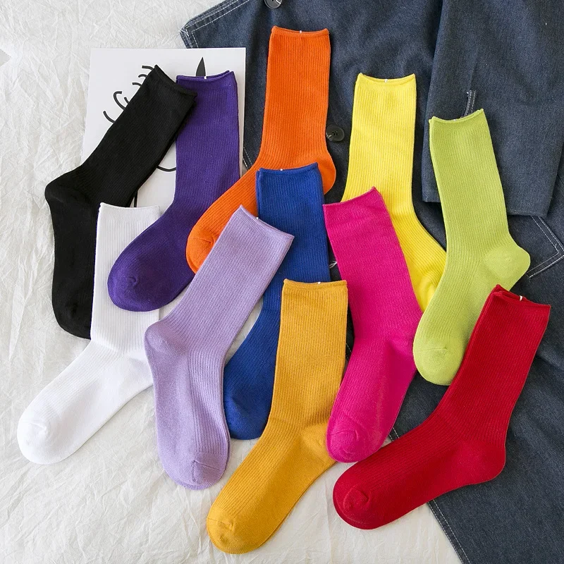 Top Trends: Women Socks Fashion Solid Color Crew Socks For Women Cotton Breathable Neon Color Long Korean White Socks Girl Shoppable Styles