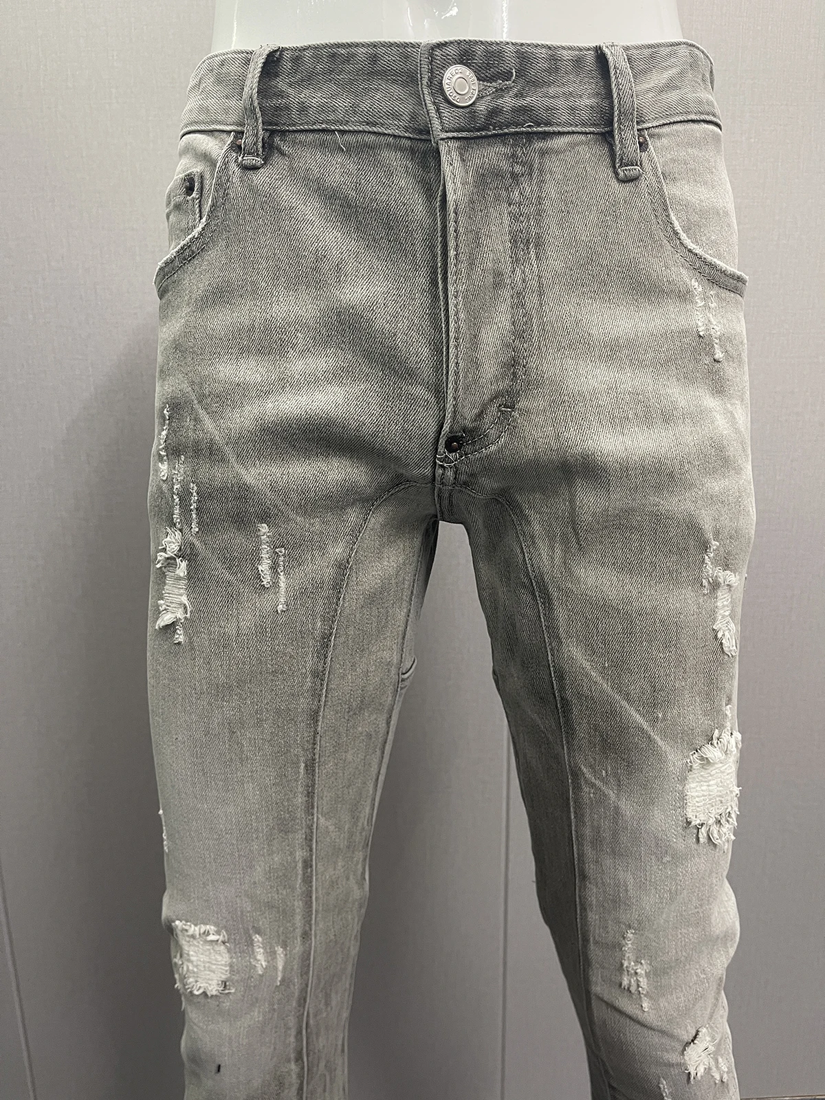 Top Trends: 2023 Spring / Summer New Fashionable Men's Water Wash, Worn Hole Patches, Paint 3D Cutting, Small Feet Blue Jeans, Male Shoppable Styles - Image 6