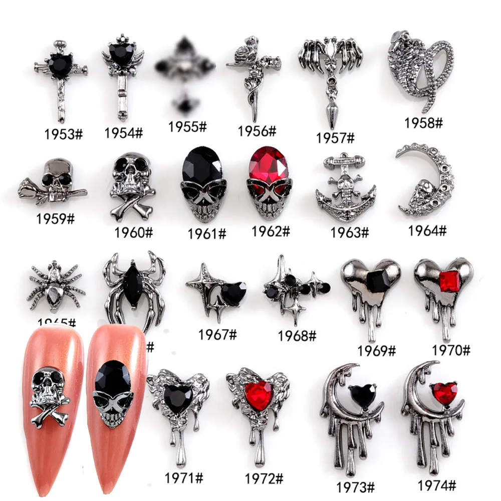 Top Trends: 10Pcs Halloween Retro Dark Style Nail Charms 3D Alloy Heart Nail Art Accessories Cross Skull Spider Snake Gems Scary Nail Parts Shoppable Styles