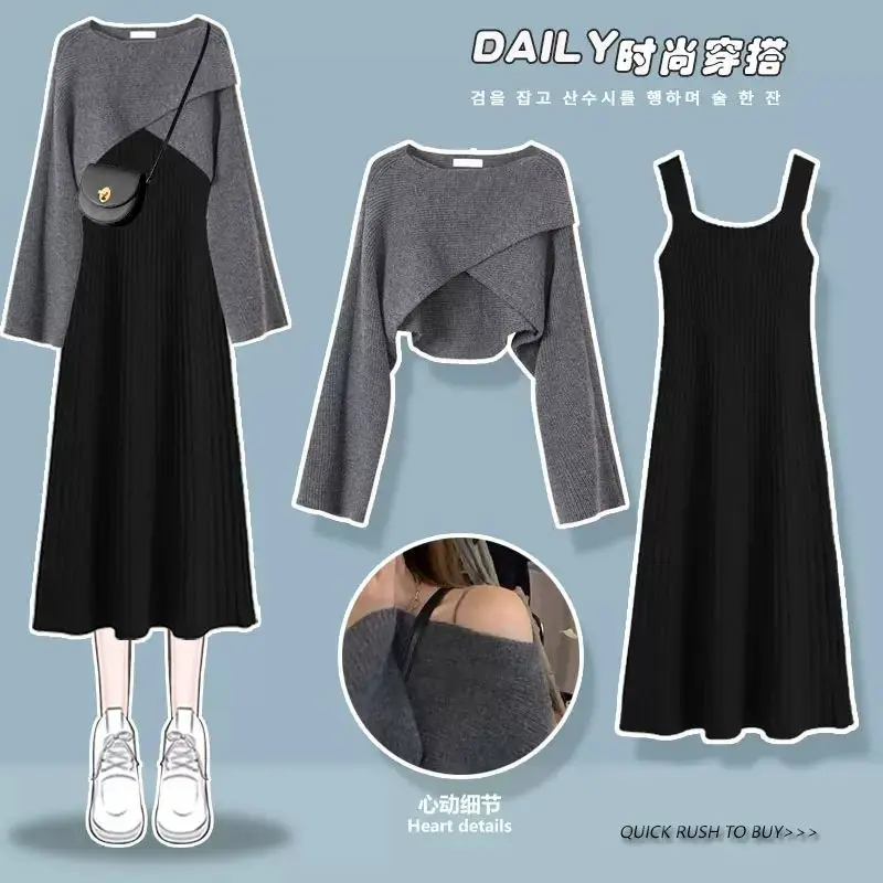 Top Trends: Women's Sweet Spring Autumn Gray Sweater Dress Suit 2023 Korean Lady Dresses Set Casual Outfits Shoppable Styles - Image 5