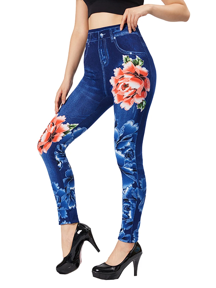 Top Trends: CUHAKCI Blue Red Flower Print Fake Pockets Jeans Stretch False Jeggings Women Slim Fit Leggings Plus Size Imitation Denim Pants Shoppable Styles