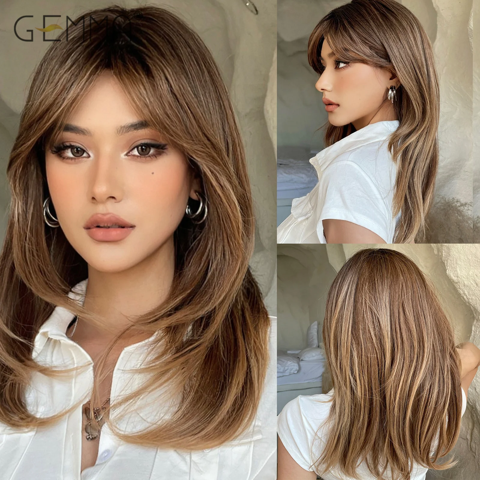 Top Trends: GEMMA Ombre Brown Medium Length Layered Wigs Synthetic Straight Cosplay Wigs With Bangs For Women Daily Heat Resistant Fake Hair Shoppable Styles