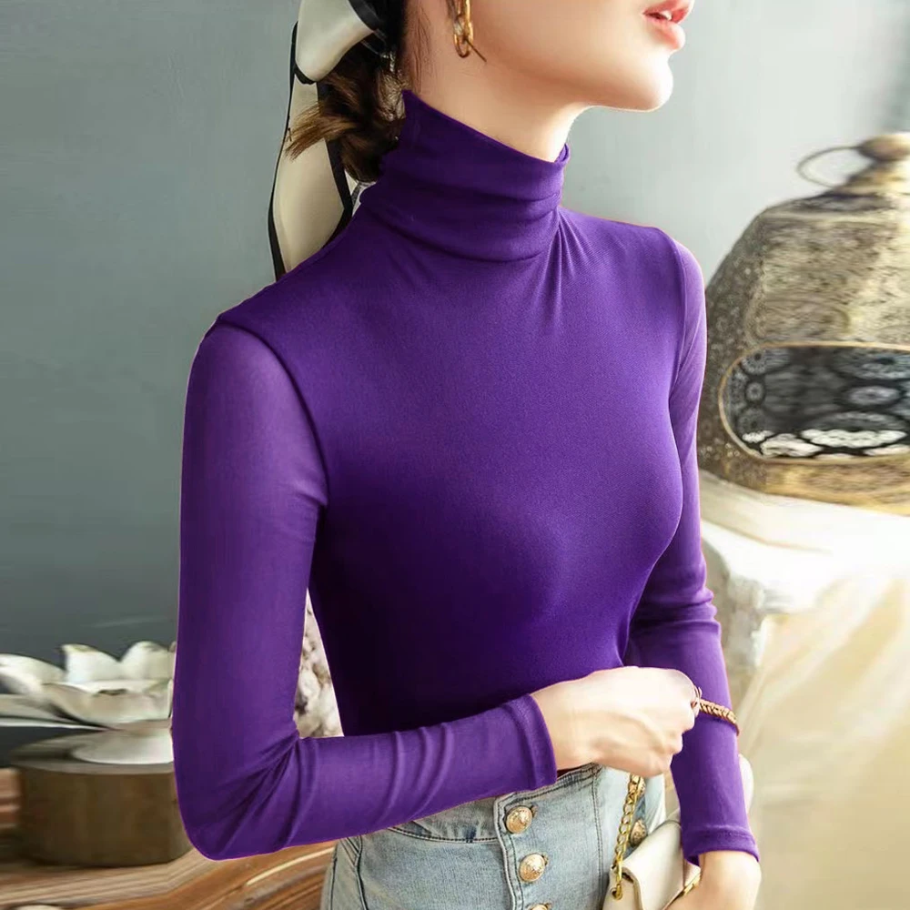 Top Trends: Women's Mesh T Shirt White Coffee Purple S-4XL High-neck Long Sleeve Shirt Women Slim Stretch Bottoming Tops Sexy Tees Ladies Shoppable Styles