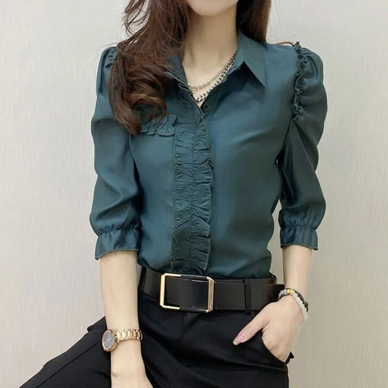 Top Trends: Female Clothing Slim Basic Solid Color Blouse Fashion Edible Tree Fungus Folds Commute 2023 Spring Summer Single-breasted Shirt Shoppable Styles