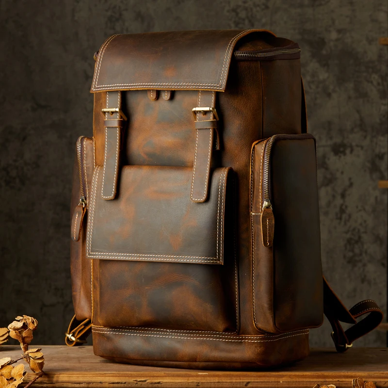 Top Trends: Vintage Genuine Leather Backpack Handmade Shoulder Bag Cowhide Travel Knapsack Large Capacity Laptop Rucksack Retro School Bag Shoppable Styles