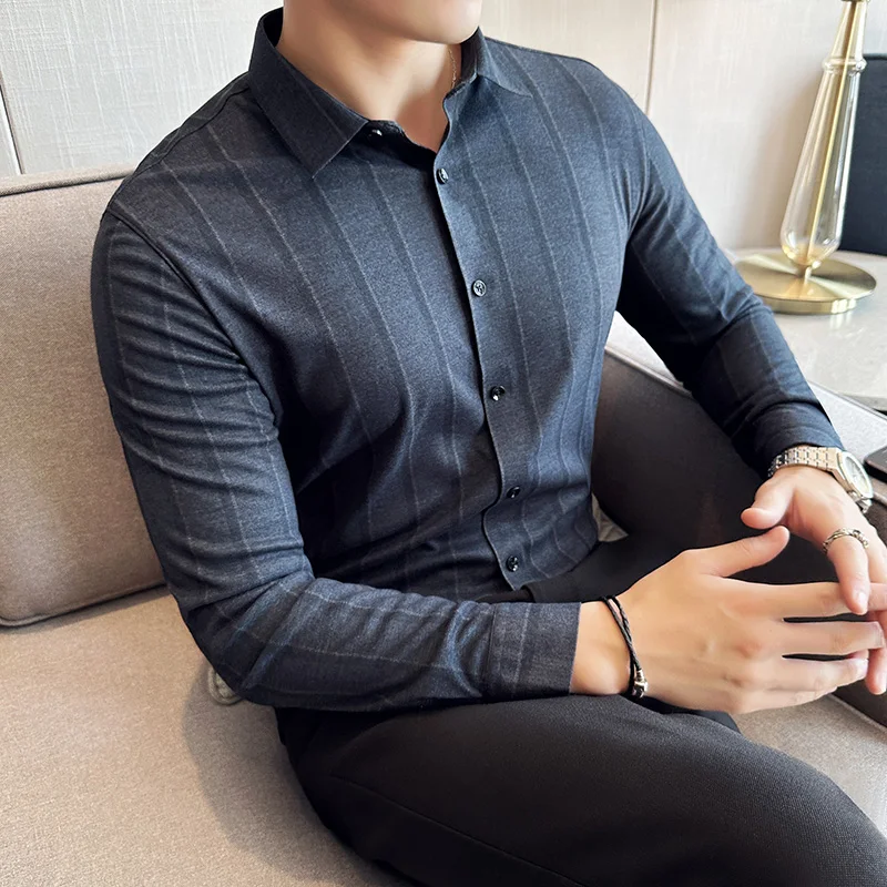 Top Trends: Summer Fashion Random Plaid Shirt Men Long Sleeve Casual Slim Fit Elastic Anti-wrinkle Shirts Tops Cotton Chemise Homme Shoppable Styles - Image 2