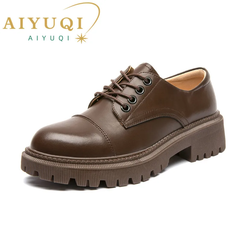 Top Trends: AIYUQI Women Loafers Shoes Genuine Leather Thick Heels Student Shoes Female Lace Up British Style Lady Oxford Shoes Footwear Shoppable Styles