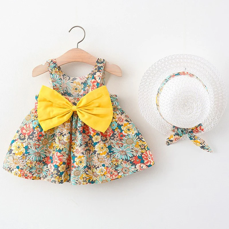 Top Trends: 2Piece Sets Summer Toddler Girl Clothes Korean Fashion Flowers Cute Bow Sleeveless Princess Baby Dresses+ Sunhat Kids Dress BC136 Shoppable Styles