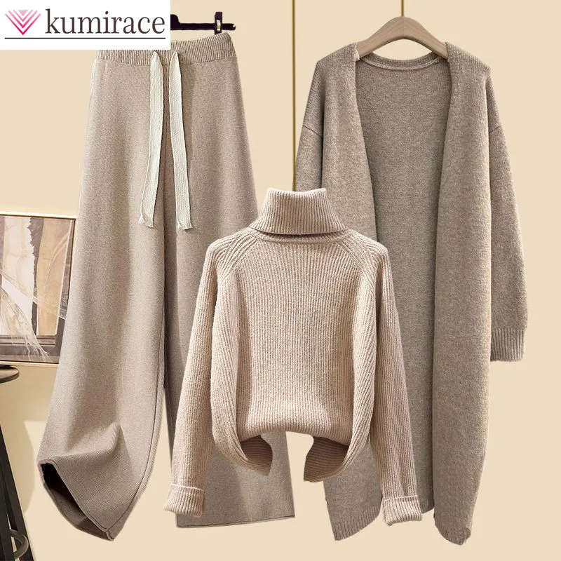 Top Trends: Winter New High Neck Knitted Sweater Casual Knitted Windbreaker Knitted Wide Leg Pants Three Piece Elegant Women's Pants Set Shoppable Styles